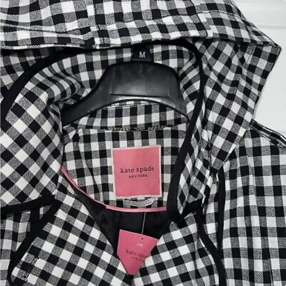 Kate Spade Black and White Gingham Checkered Trench Coat with Detachable Hood - Picture 3 of 7